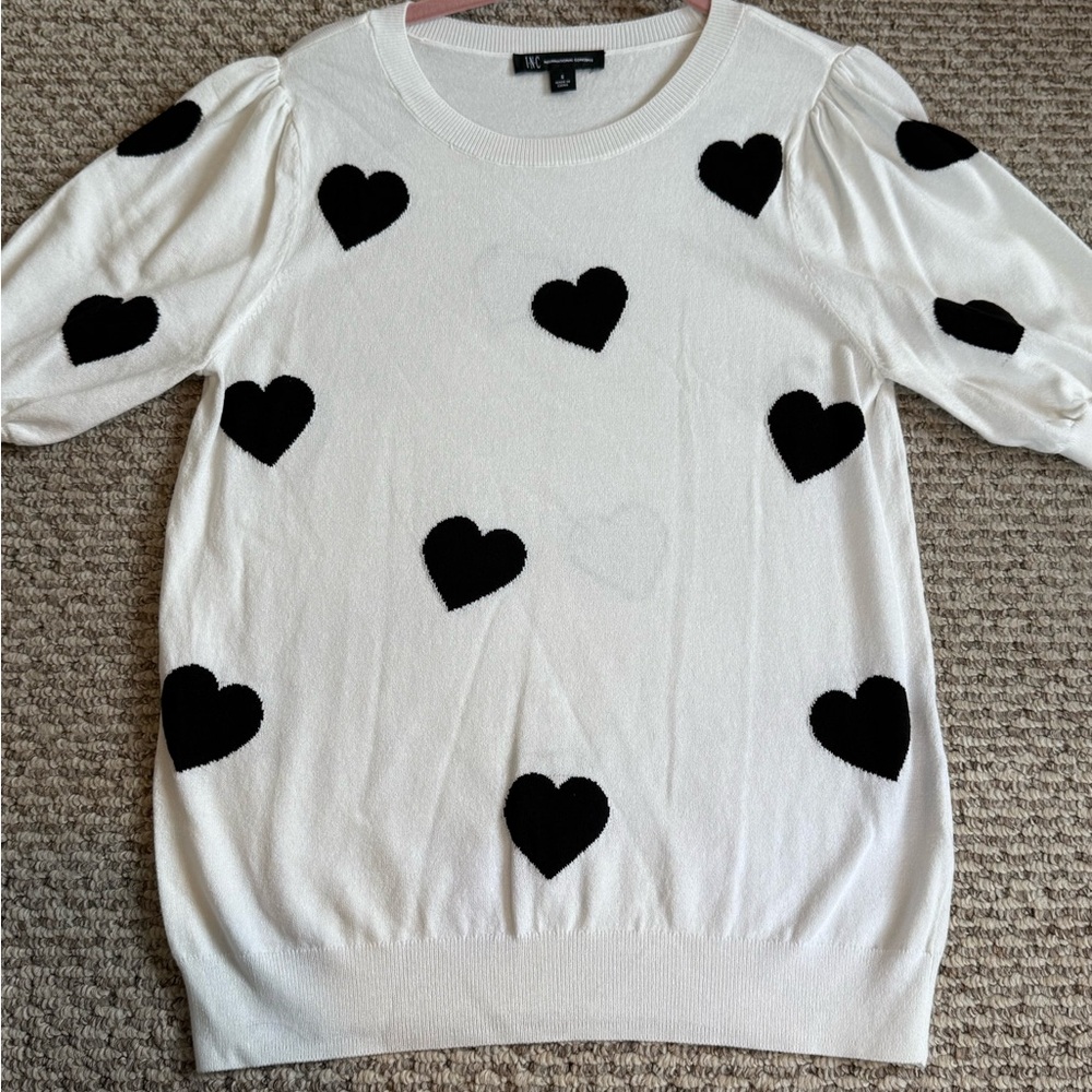 INC International Concepts White Sweater with Black Heart Design